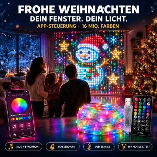 🎄 Smarte LED-Vorhang-Lichterkette mit App-Steuerung – Musik-Sync, individuelle Lichtmuster & festliche Weihnachtsdeko für Fenster, Wand und Balkon
