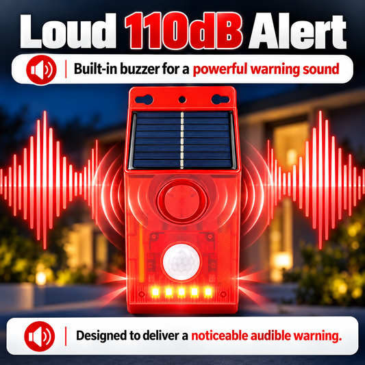 🎃Halloween Deal 50% OFF!🏡Solar PIR Motion Sensor Alarm – 110dB Siren, Flashing LEDs & 4 Modes