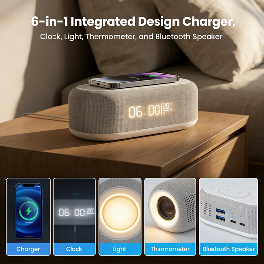 🌞Frühlingserwachen: 50% Rabatt!🔋6-in-1 Kabelloses Ladestation 25W – Uhr, Wecker, Bluetooth-Lautsprecher & Nachtlicht | All-in-One Nachttisch!