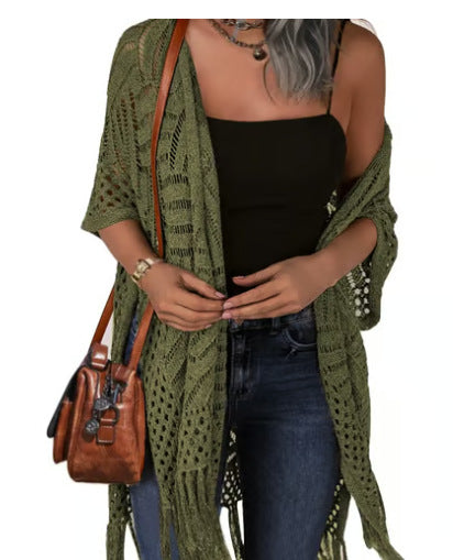 ❄️Sommerfrische 50 % Rabatt!💗Gehäkelter Damen-Cover-up mit Quasten – Luftige, offene Boho-Kimono-Weste für Strand, Urlaub und Sommer-Looks