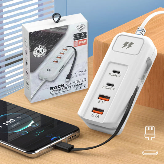 ⚡ 50 % RABATT – Multifunktioneller Schnelllader mit 2PD + 2USB! 🔌📱 66W, Eingebautes Typ-C-Kabel & Sicher Laden für 4 Geräte Gleichzeitig
