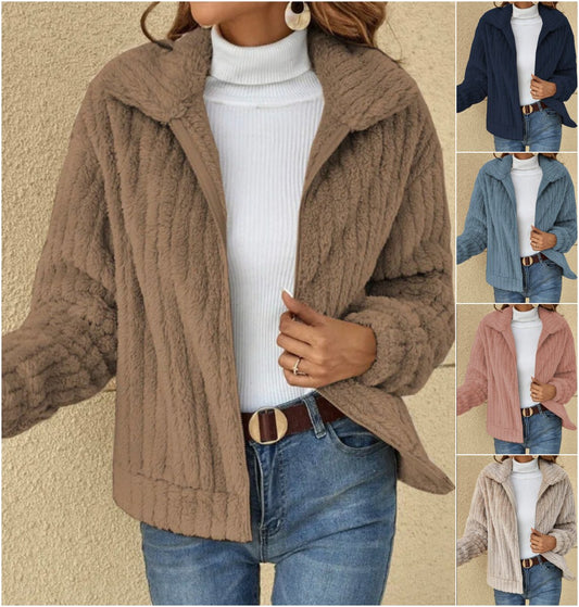 Kurze Jacke mit Revers und Reißverschluss, Wintermantel, warmer Plüsch-Fleece-Reißverschluss, lässiger Mantel