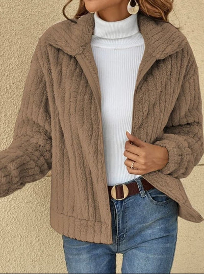 Kurze Jacke mit Revers und Reißverschluss, Wintermantel, warmer Plüsch-Fleece-Reißverschluss, lässiger Mantel