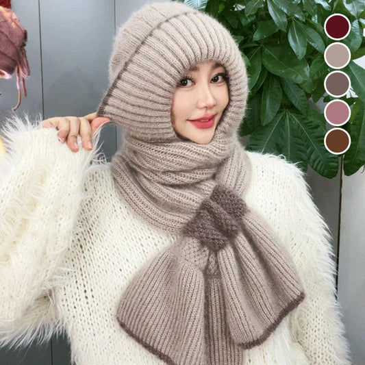 ❄️👩 Integrierte winddichte Mützen-Schal-Kombination für Damen – Warmes gestricktes Design, Ohrenschutz & vielfältige Farbauswahl (Vielseitig für Winteraktivitäten)!