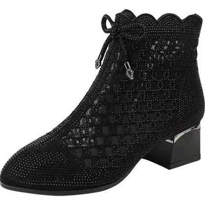 Kurze Damenstiefel mit hohlem Mesh-Perlenmuster und klobigem Absatz