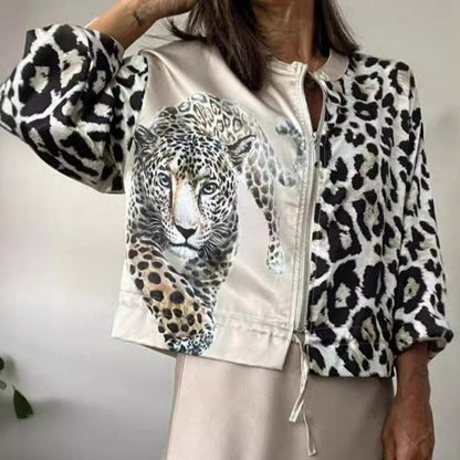 Damen Reißverschluss-Kurzjacke mit Tiger- und Leopardenmuster