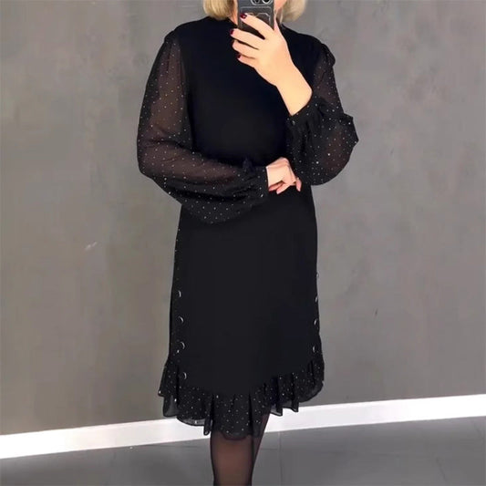 🎄Heißer Weihnachtsverkauf✨🖤Damenkleid mit Rundhalsausschnitt, einfarbig und Strasssteinen