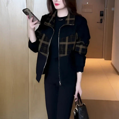 Karierte Patchwork-Jacke mit Reißverschluss für Frauen✨Luxuriöses Gefühl