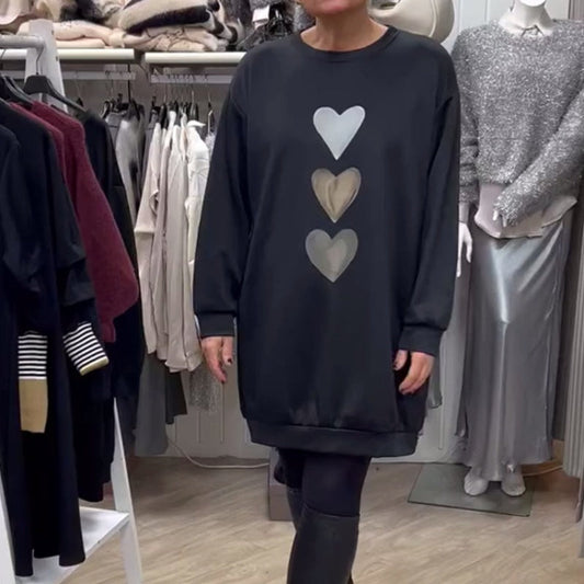 Lässiges langes Rundhalsausschnitt-Oberteil mit Herzdruck