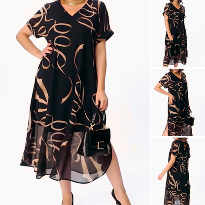 ❄️Sommerfrische 50 % Rabatt!👗Elegantes fließendes V-Ausschnitt-Midikleid – Luftiges schwarzes Kleid mit Schleifenprint, Seitenschlitz und bequemer Passform S-5XL