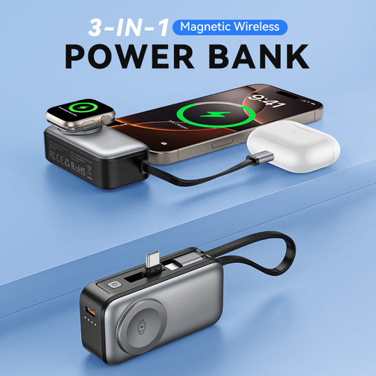 🌞Frühlingserwachen: 50% Rabatt!⚡3-in-1 Magnetische Mini Powerbank – Integrierte Kabel & Drehstecker – 5000 mAh – Kabelloses Laden für iPhone, Watch & Android – Ultra kompakt