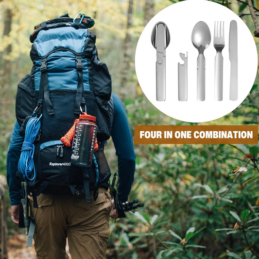 🌞Frühlingserwachen: 50% Rabatt!🥄 4-in-1 tragbares Besteckset aus Edelstahl – Gabel, Löffel, Messer + Flaschenöffner, kompakt & leicht für Picknick und Reisen