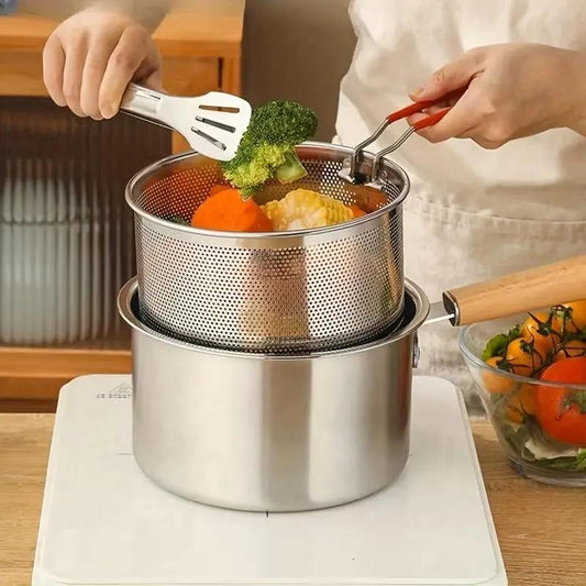 💥 50% rabatt! 🍟 Kompakt frityrgryte i 304 rustfritt stål – bruker mindre olje, perfekt for små porsjoner. Gjennomsiktig glasslokk, universell komfyrkompatibilitet ✅