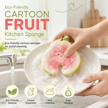 💥 50% Rabatt! 🍋 Cartoon-Obst-Küchenschwamm – Apfel/Guave/Zitrone. Magic Expansion bei Wasser. Entfernt Fett mühelos, keine Kratzer. Ergonomischer Griff. Umweltfreundlich 🛡️