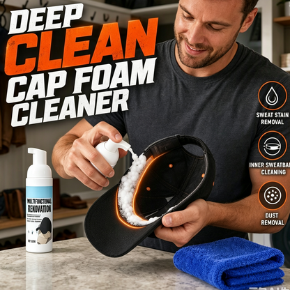 💥 50% Rabatt! 🧢 Deep Clean Cap Foam Cleaner – 35/60 ml. No-Rinse, entfernt Schweißränder & Flecken. Für Rand & Innenband. Inkl. Reinigungsschwamm. Für Baseballcaps & Mützen 🛡️