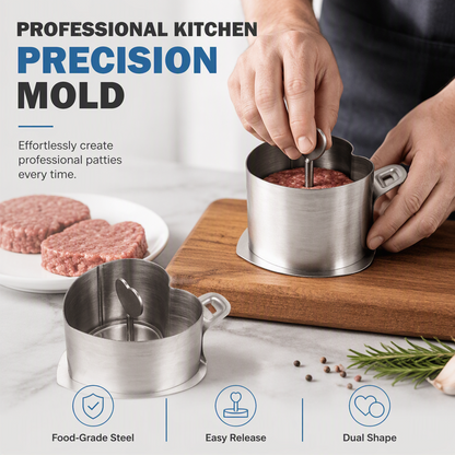 💥 50% Rabatt! 🍔 Edelstahl-Burgerpresser – perfekte Patties, Easy Push-Release, 2 Ringe (Herz+Rund). Ideal für BBQ 🛡️