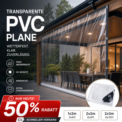 💥 50% Rabatt! ☔ Transparente PVC-Plane – 0,35 mm / 14 Mil. Reißfest, UV-beständig, schimmelresistent, wasserfest. Verstärkte Kanten & Ösen (50 cm Abstand). 3 Größen: 1×2 m, 2×2 m, 2×3 m. Für Terrasse, Camping & Baustelle 🛡️
